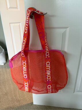 amika Bright Orange Mesh Tote with Pink-Trim Branded Straps